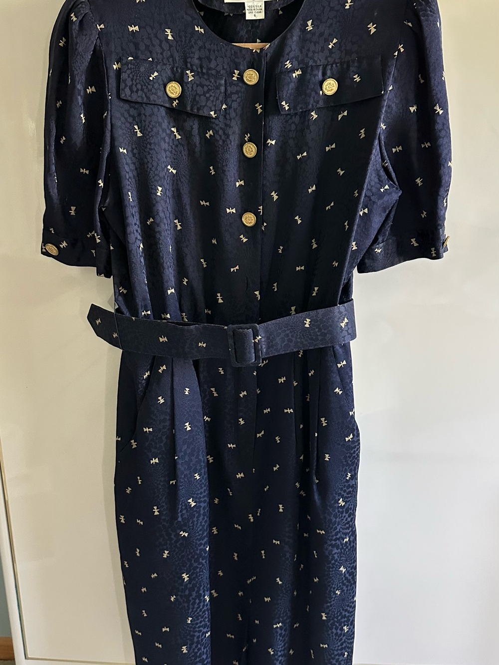 Vintage I Magnin Gold Button Belted Midi Dress